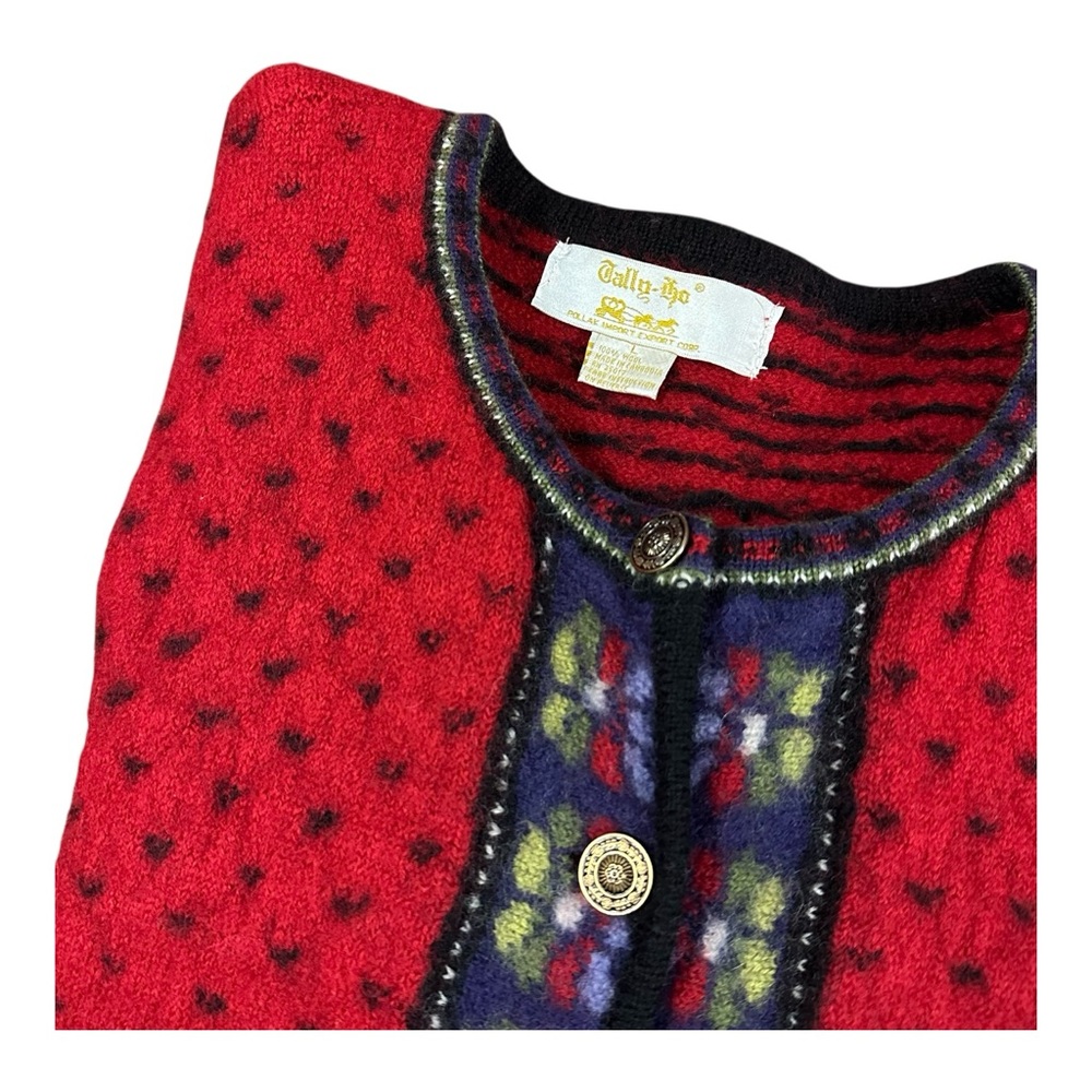 Tally-Ho 100% Wool Cardigan Sweater – Women’s Size L – Red Nordic/Alpine Style